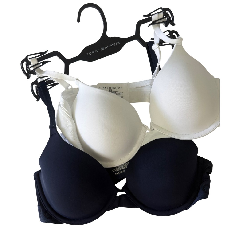 Tommy Hilfiger 2-Pack T-Shirt Bras Navy Blue White Logo Underwire 34B RLF1015